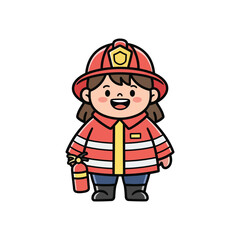 Cute Flat Style Firefighter Girl Illustration with Extinguisher in Hand