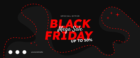 Black Friday wide cover with red dotted line decoration. Special offer for Black Friday up to 50 percent off. Web background, sales, business, and advertising. Black Friday banner.
