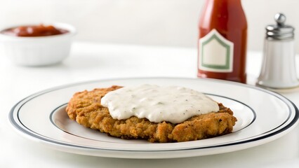 Golden Brown Breaded Cutlet Topped With Creamy White Gravy On A White Plate With Blue Rim