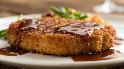 Golden Brown Breaded Cutlet Topped with Rich Brown Sauce and Side Salad on a White Plate