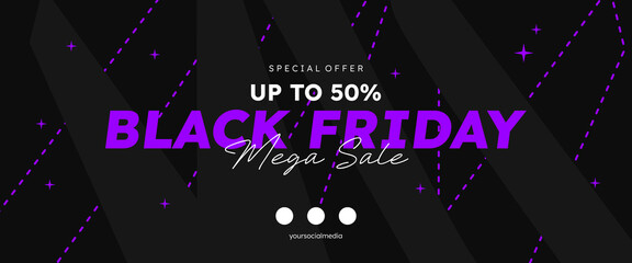 Festive Black Friday background. Minimal Black Friday typography in purple. Wide special offer banner with creative dotted lines for web, social media, and online stores.