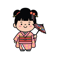 Cute Cartoon Style Girl in Kimono Holding a Paper Umbrella Illustration