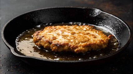 Golden Brown Chicken Patty Sizzling in a Cast Iron Skillet with Melting Butter and Oil