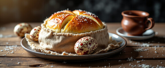 Orthodox Easter table with kulich and painted eggs on wooden surface  