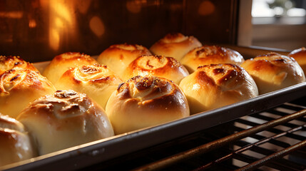 Cinnamon rolls are baked in the oven, Homemade baking, close-up of bread baking process in industrial oven, Cinnamon rolls are baked in the oven, Hot fresh bread in the oven