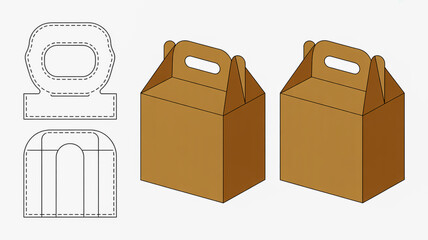 Brown Cardboard Gable Top Box with Handle Die Cut Templates packaging