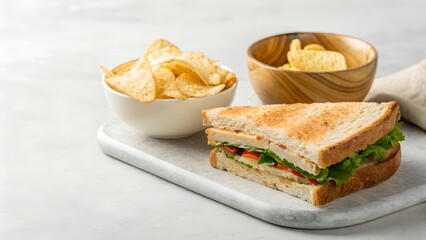 Toasted Sandwich With Lettuce And Tomato Served With Potato Chips In Bowls On White Countertop