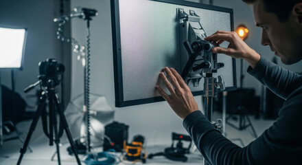 Male adjusting lighting equipment in a professional photography studio, surrounded by cameras and lighting gear.