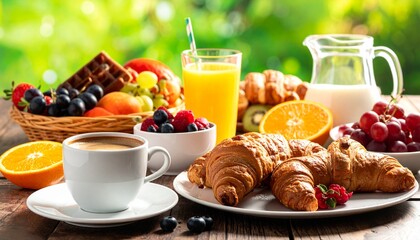 Breakfast Still Life with Croissants Fruit and Juice Outdoors on Wooden Table in Sunny Lighting and Blurred Green