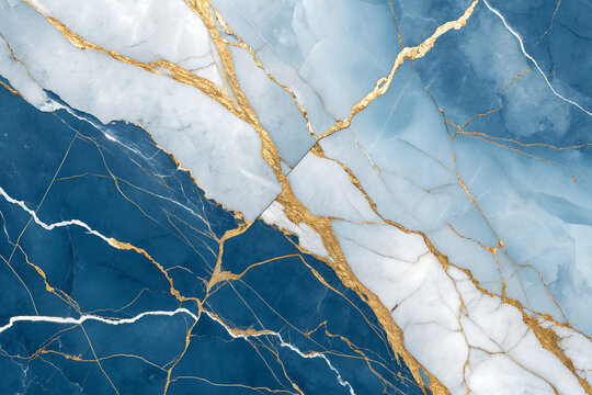 Abstract marble-like design with deep blue, light blue, white, and gold veining — elegant texture ideal for luxury decor, wallpaper, and digital art. generative ai