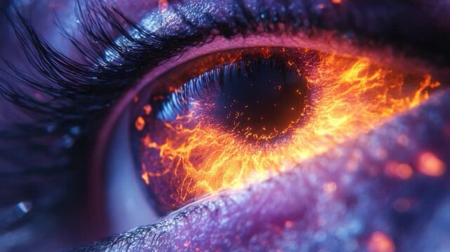 A human eye with flames burning in the pupil, suitable for use in fantasy or horror themes