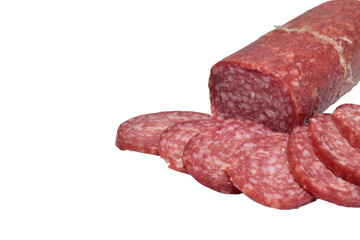 Dry-cured pork sausage cut into thin slices lies on a PNG background.