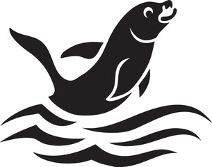 Stylized black silhouette of a seal leaping from waves