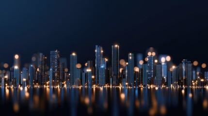 A vibrant cityscape of glowing blue and orange data points interconnected by dark grids lies under a black night sky dotted with distant lights