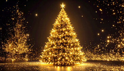 Christmas tree at night with sparkling gold glitter in black background with abstract golden bokeh.
