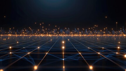 A vibrant cityscape of glowing blue and orange data points interconnected by dark grids lies under a black night sky dotted with distant lights