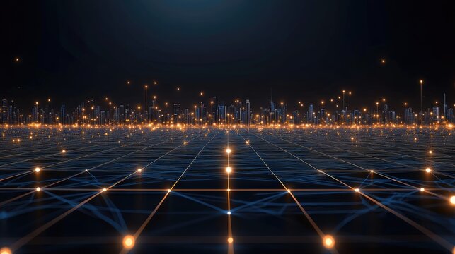 A vibrant cityscape of glowing blue and orange data points interconnected by dark grids lies under a black night sky dotted with distant lights