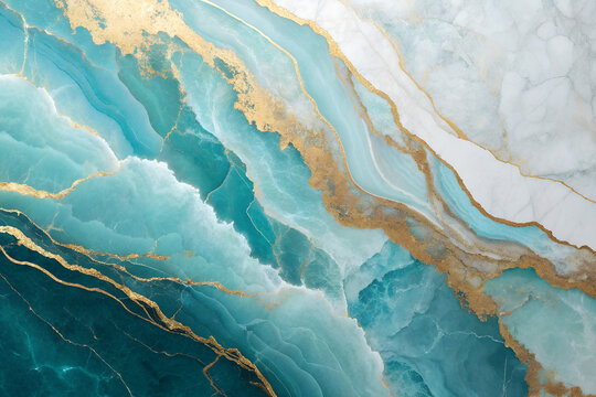 Abstract marbled artwork with flowing blue, teal, white, and gold layers — elegant composition evoking mineral depth, fluid motion, and luxurious texture. generative ai