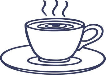 Steaming Hot Coffee Cup on Saucer Line Art Illustration.