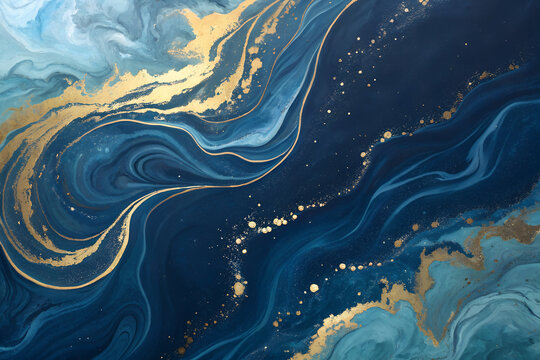 Abstract painting with swirling blue, teal, and gold patterns — fluid composition evoking cosmic motion, oceanic energy, and shimmering visual richness. generative ai