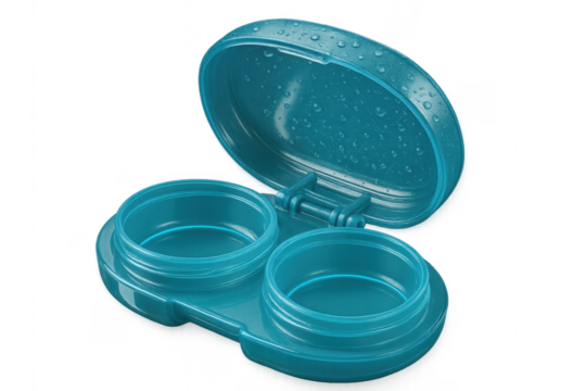 Teal contact lens case with water drops on transparent background