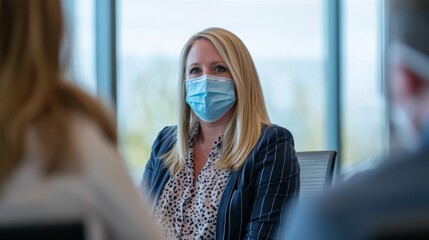 A business leader speaking to the team during a COVID-19 pandemic meeting, while everyone is seated apart with masks.