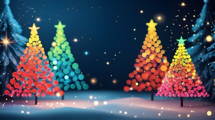Colorful Bokeh Christmas Trees on Dark Blue Background with Copy Space &ndash; Festive Holiday Lights and Sparkles, Generative AI