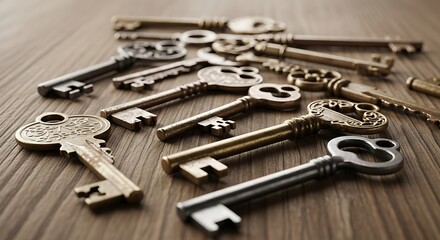 Collection of Antique Keys on Wooden Surface - Security and History.