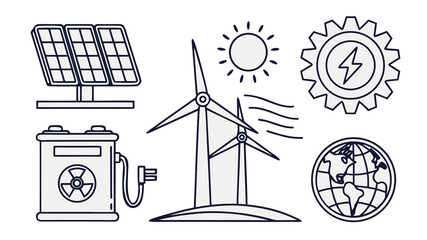 Minimal line icons showing solar panel, wind turbine, green leaf, and battery. Clean modern outline design. best icon