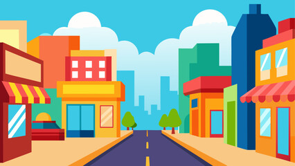 Fototapeta premium Colorful cartoon cityscape with buildings and a road