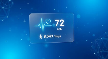 Digital Health Interface Displaying Heart Rate (72 BPM) and Step Count (8,543 Steps) on a Transparent Screen, Representing Fitness Tracking Technology
