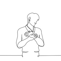 standing man pressed both palms to his chest - one line art vector. Being touched, touching reaction, pain in the heart, falling in love