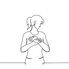 standing woman pressed both palms to her chest - one line art vector. Being touched, touching reaction, pain in the heart, falling in love