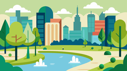 Fototapeta premium Flat design cityscape with park and lake illustration