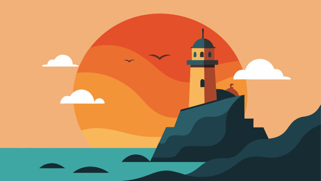 Flat design illustration of a lighthouse on a rocky cliff at sunset with birds and clouds