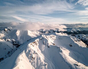 Aerial drone shot of snow-covered mountain patterns forming fractal geometry