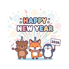 Cute Happy New Year 2026 Celebration with Animals and Fireworks