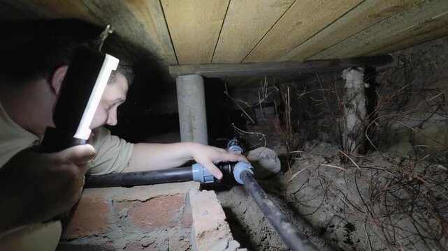 A male plumber with a flashlight inspects and repairs a water pipe in a dark underground space. The plumber fixes the problem and ensures proper water flow. Plumbing repair.