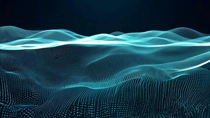 Futuristic, seamlessly looping background with undulating blue/teal particle waves and illuminated points, creating an abstract digital terrain effect - Powered by Adobe