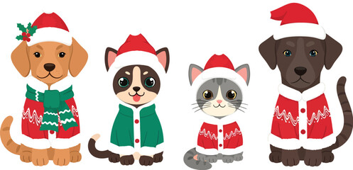 Festive pets in holiday attire standing in a row on white background design