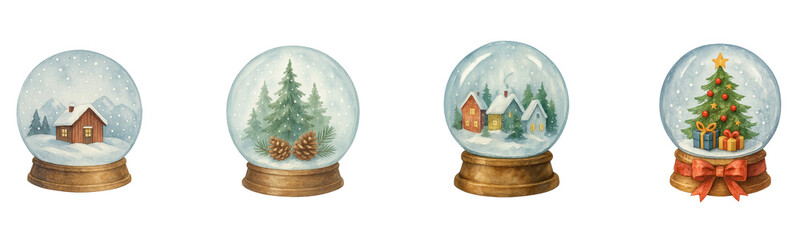 Watercolor snow globes on wood bases show cabin, pinecones, village, festive tree with gifts; each snow globe sparkles in soft snowfall, snow globe collection evokes cozy winter nostalgia holiday mood