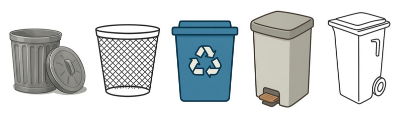 Five household bins on black background; set shows metal trash can with lid, mesh container, blue recycle bin, pedal trash bin and outline wheelie bin, design for cleanup theme, recycling concept