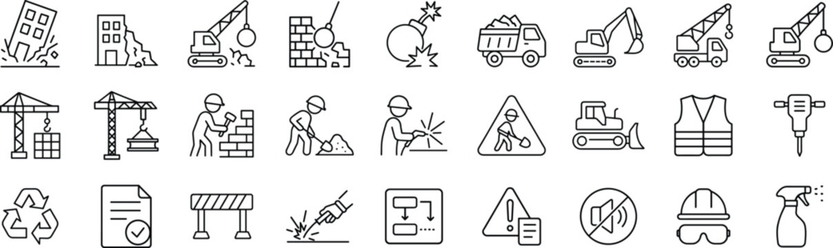 Demolition and construction line icon set. Vector pictograms of building teardown, excavator, crane, safety gear, permit, debris, and environmental compliance thin linear illustration