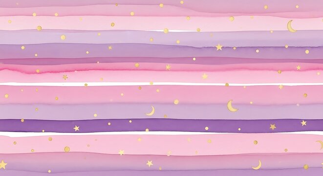 Watercolor Pastel Stripes with Gold Stars and Moons Background.