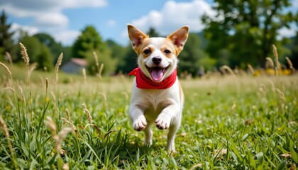 Happy Jack Russell Terrier Running Through Lush Green Field on a Bright Sunny Day