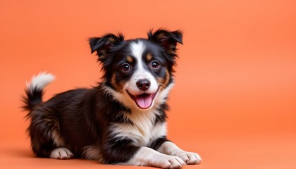 Happy Young Puppy Laying on an Orange Background with a Playful Expression and Bright Eyes