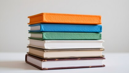 Colorful Collection of Stacked Books in Various Sizes on a Minimalist Background