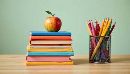 Colorful Stacked Books with a Fresh Apple and Vibrant Pencils in an Organized Workspace