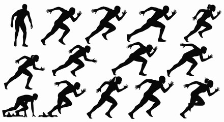 Silhouette illustrations showcasing people in various stages of running and starting positions