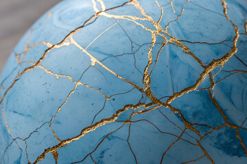 Blue ceramic object with gold Kintsugi repairs &mdash; close-up of elegant cracks highlighting beauty in imperfection, resilience, and traditional craftsmanship. generative ai